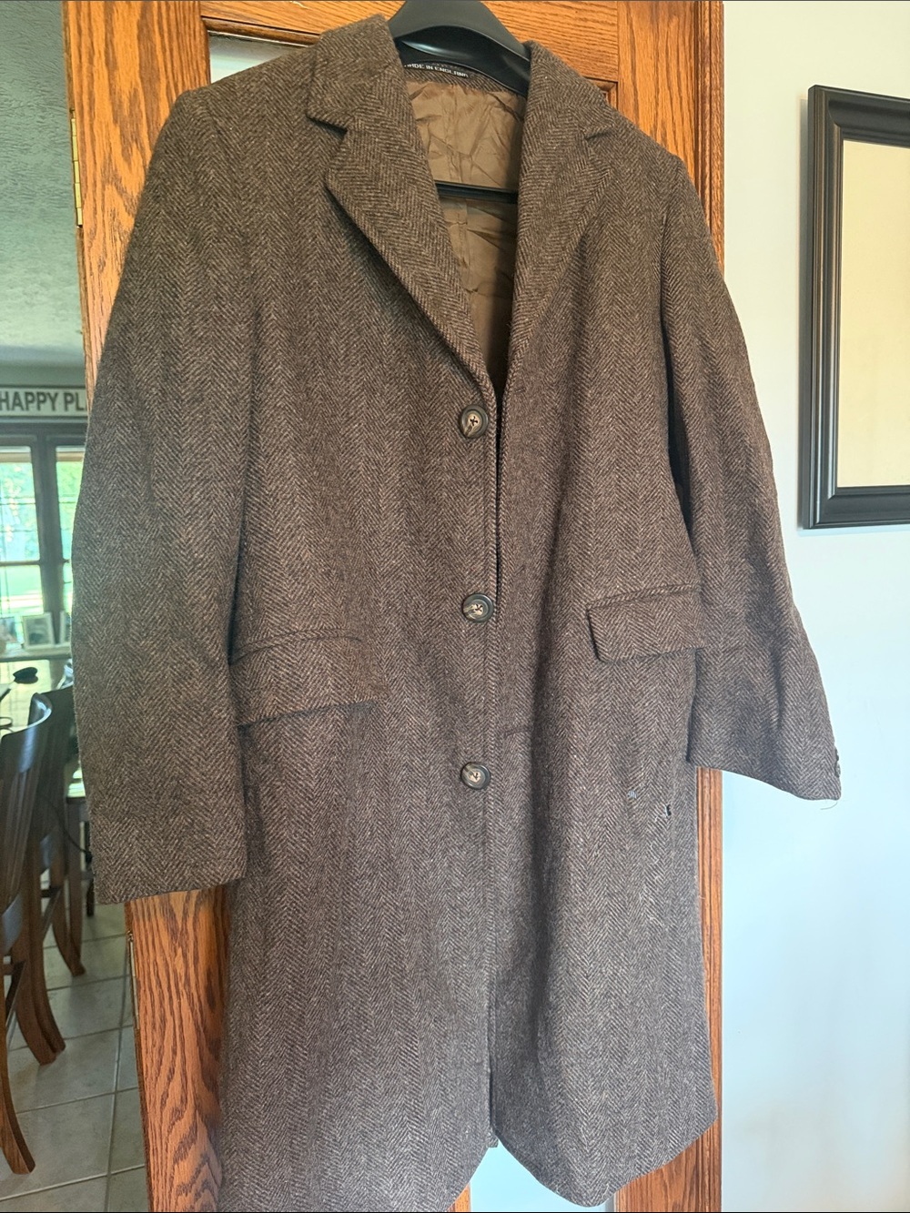 Vintage Austin Arndt England Men’s 100% Wool Brown Herringbone Tweed Overcoat